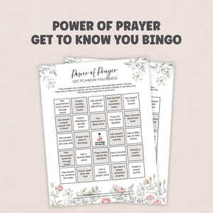 May include: A Power of Prayer Get to Know You Bingo game sheet featuring a grid of twenty-five squares with text prompts, decorated with floral illustrations at the top and bottom. The centre square contains an illustration of a person praying.