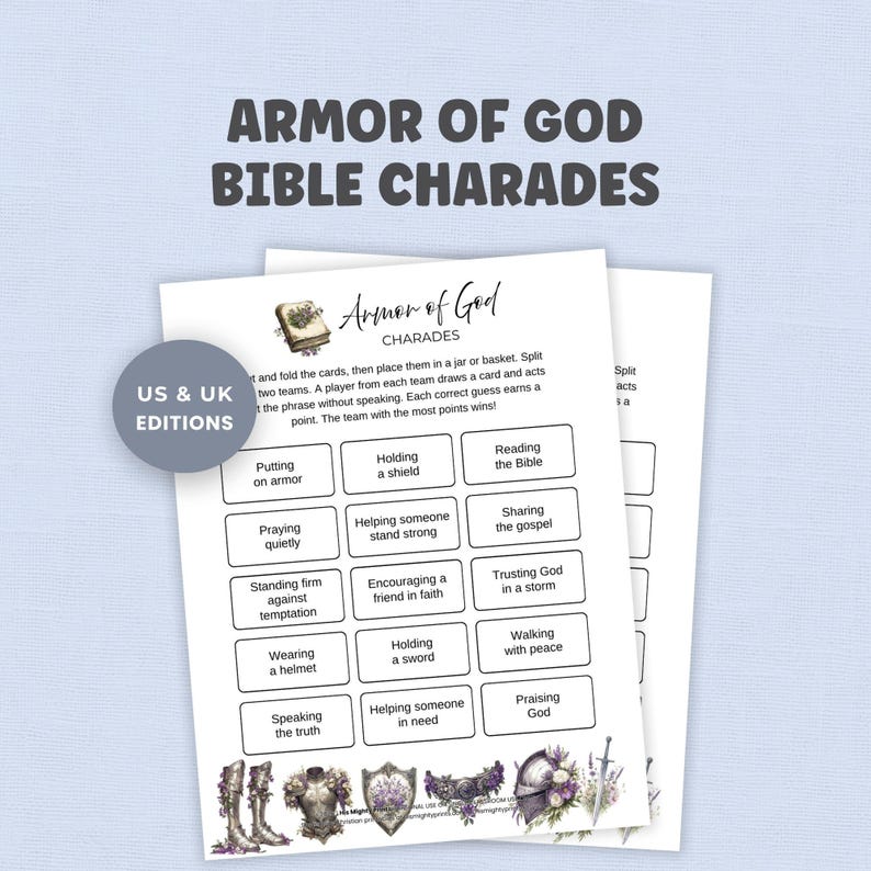 Armor of God Bible Charades Printable, Christian Party Game for Kids ...