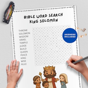 May include: A Bible word search puzzle titled "King Solomon" with a cartoon illustration of King Solomon and other figures. The puzzle includes a list of related words and the text "Answers Included."
