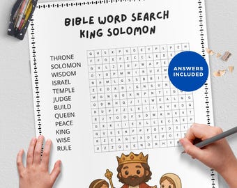 Rey Salomón, Sopa de letras bíblica, PDF de juegos cristianos, Lección de escuela dominical, Recurso para la educación en casa, Hoja de actividades, Juego religioso