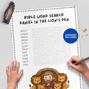 May include: A Bible word search puzzle titled "Daniel in the Lion's Den." The puzzle features a grid of letters with a list of words to find. The image includes a cartoon illustration of Daniel with lions and the text "Answers Included."