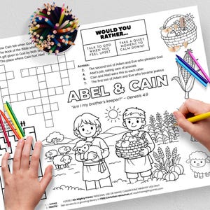 May include: Black and white line art coloring page featuring the story of Abel and Cain. The page includes a crossword puzzle, illustrations of the characters, sheep, and a basket of fruit. Colored pencils are scattered around the page.