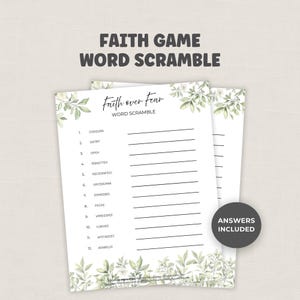 Könnte beinhalten: Ein Faith Game Wortsuchrätsel-Arbeitsblatt mit einer Liste von zwölf durcheinandergebrachten Wörtern, leeren Zeilen für Antworten und einem botanischen Blattrand. Der Text lautet Faith over Fear und ein runder Aufkleber zeigt Answers Included.