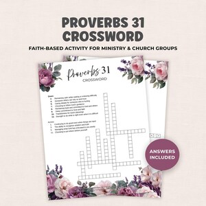 Op de afbeelding: Een kruiswoordpuzzel getiteld "Proverbs 31 Crossword" met bloemmotieven. De puzzel is ontworpen als een op geloof gebaseerde activiteit voor ministeries en kerkgroepen. De tekst "Answers Included" is inbegrepen.