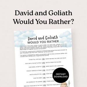Puede incluir: Una hoja de juego imprimible titulada "David and Goliath Would You Rather?" presenta una lista de opciones para que los jugadores seleccionen. El diseño incluye ilustraciones de nubes y las palabras "Descarga instantánea" en un círculo negro.