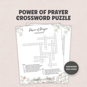 May include: A Power of Prayer crossword puzzle printed on white paper with floral illustrations at the top and bottom. The puzzle includes numbered clues for across and down, a grid for answers, and a circular badge stating ANSWERS INCLUDED.