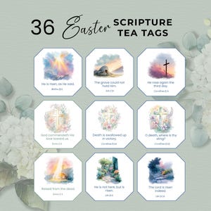May include: 36 Easter scripture tea tags with watercolor illustrations and Bible verses. Each tag features a different image, including a cross, tomb, and landscape scenes. The tags are octagonal and arranged in a grid.