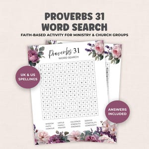 Può includere: Due puzzle di ricerca di parole stampabili con il testo "Proverbi 31 Ricerca di parole" e accenti floreali. Il design include il testo "Ortografia UK & US" e "Risposte incluse". Un'attività basata sulla fede per ministeri e gruppi ecclesiali.