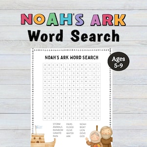 Noah&#39;s Ark Word Search, Bible Activity Sunday School, Christian Homeschool,Children&#39;s Church Lesson, Road Trip Busy Book, Gameschooling Kit