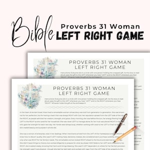 Può includere: Due fogli di carta con il testo "Proverbi 31 Donna Gioco Sinistra Destra" e istruzioni. Il foglio superiore ha una croce ad acquerello con fiori. Una penna e una matita sono sul lato destro. La parola "Bibbia" è scritta in corsivo in alto a sinistra.