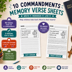 Puede incluir: Hojas de versículos de memoria imprimibles para niños con los Diez Mandamientos. Incluye versiones para copiar y trazar, con opciones de ortografía estadounidense y británica. La imagen también muestra una Biblia y una cruz.