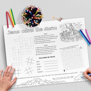 Jesus Calms the Storm Coloring Placemats – Bible Story Activity Sheets for Kids, Sunday School & Homeschool Printable