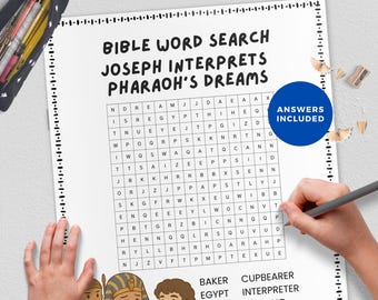 May include: A Bible word search puzzle titled "Joseph Interprets Pharaoh's Dreams" with a grid of letters and a list of words to find. Includes a blue circle that says "Answers Included".