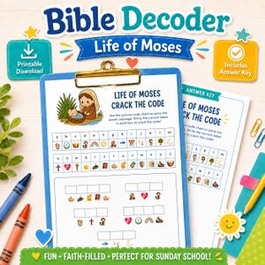 以下が含まれることがあります： クリップボードに挟まれたBible Decoder Life of Mosesの印刷用アクティビティシートと解答キー。ページにはaからzまでの文字と小さなイラストが組み合わされた絵文字コード表があり、空欄に文字を書き込んで秘密のメッセージを解読する形式です。