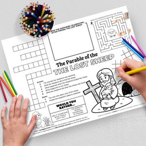 May include: A black and white coloring page titled "The Parable of the Lost Sheep" with a crossword puzzle, maze, and illustrations. Colored pencils and crayons are scattered around the page. A hand is drawing with a yellow pencil.