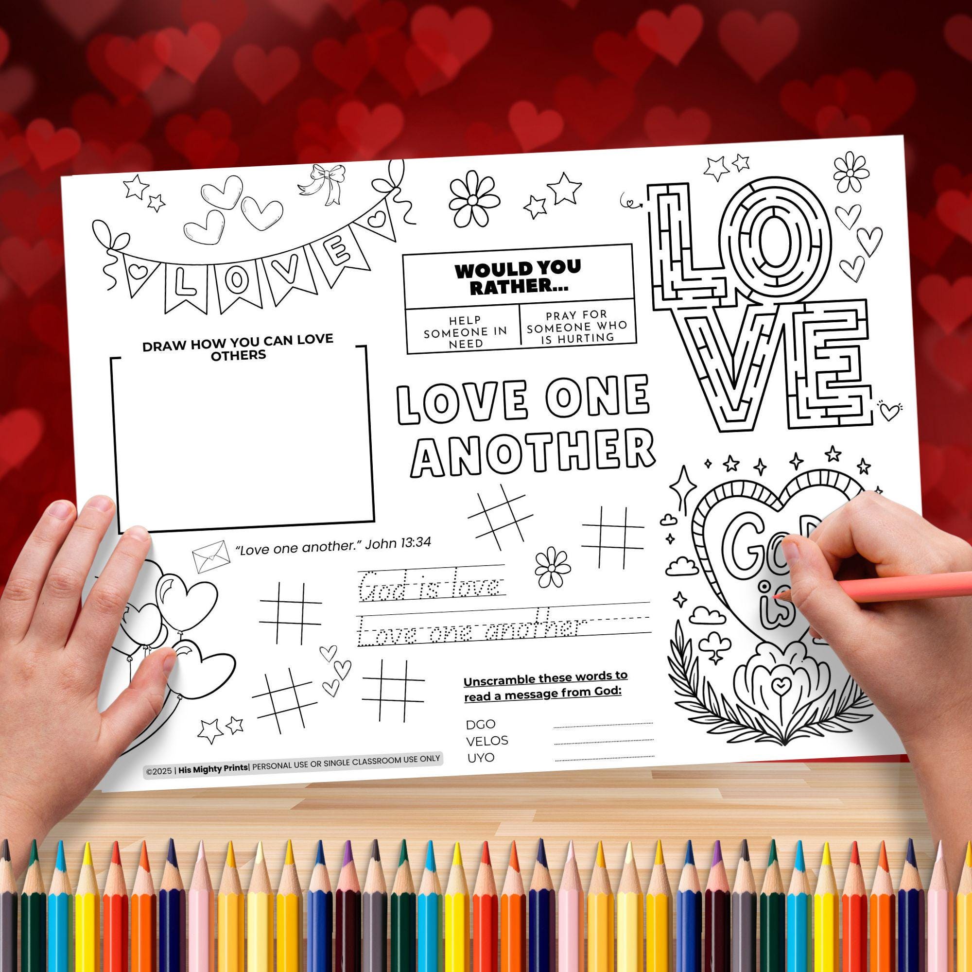 Valentines Day Activity Placemat, Christian Coloring Worksheet, Love ...