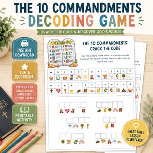 10 Commandments Coding Game, Printable Bible Activity for Kids, Sunday School Lesson, Homeschool, VBS, Christian Break the Code Puzzle Fun