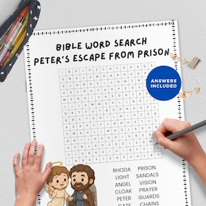 May include: A Bible word search puzzle titled "Peter's Escape From Prison" with a grid of letters. The puzzle includes a list of words to find and a cartoon illustration of Peter and an angel. A hand is holding a pencil.