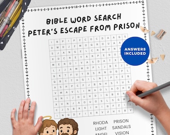 Op de afbeelding: Een Bijbels woordzoekpuzzel getiteld "Peter's Escape From Prison" met een raster van letters. De puzzel bevat een lijst met woorden om te vinden en een cartoonillustratie van Peter en een engel. Een hand houdt een potlood vast.