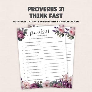 Può includere: Due fogli di gioco stampabili con il testo "Proverbi 31 Think Fast" e decorazioni floreali. I fogli sono progettati per attività basate sulla fede per ministeri e gruppi ecclesiali. Il gioco invita i giocatori a rispondere a domande.