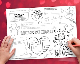 Christian Activity Placemat, Love Like Jesus Valentine’s Day Coloring Worksheet, God’s Love Sunday School Printable Bible Verses Placemat
