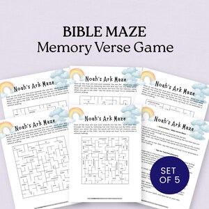 May include: A set of five Bible Maze memory verse games. Each game features a "Noah's Ark Maze" with instructions to follow a trail from a blue dot to a red dot. The games include rainbow and cloud graphics.