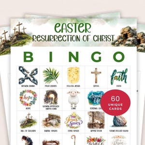 May include: Easter Resurrection of Christ Bingo game with 60 unique cards. The bingo cards feature watercolor illustrations of religious symbols and phrases, including crosses, a lamb, and the text "Jesus Saves". The game's title is in green script.