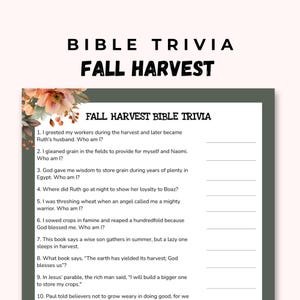 Könnte beinhalten: Ein druckbares Bibel-Quizspiel mit dem Titel "Fall Harvest Bible Trivia". Das Spiel enthält Fragen zur Erntezeit und biblischen Figuren. Das Design umfasst florale Akzente und eine neutrale Farbpalette.
