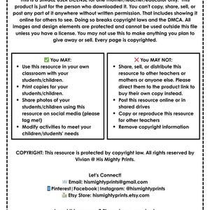 May include: A white document with black text detailing terms of use for a single-user license. The document includes sections on what is and isn't permitted, copyright information, and contact details for the creator, including an Etsy store link.