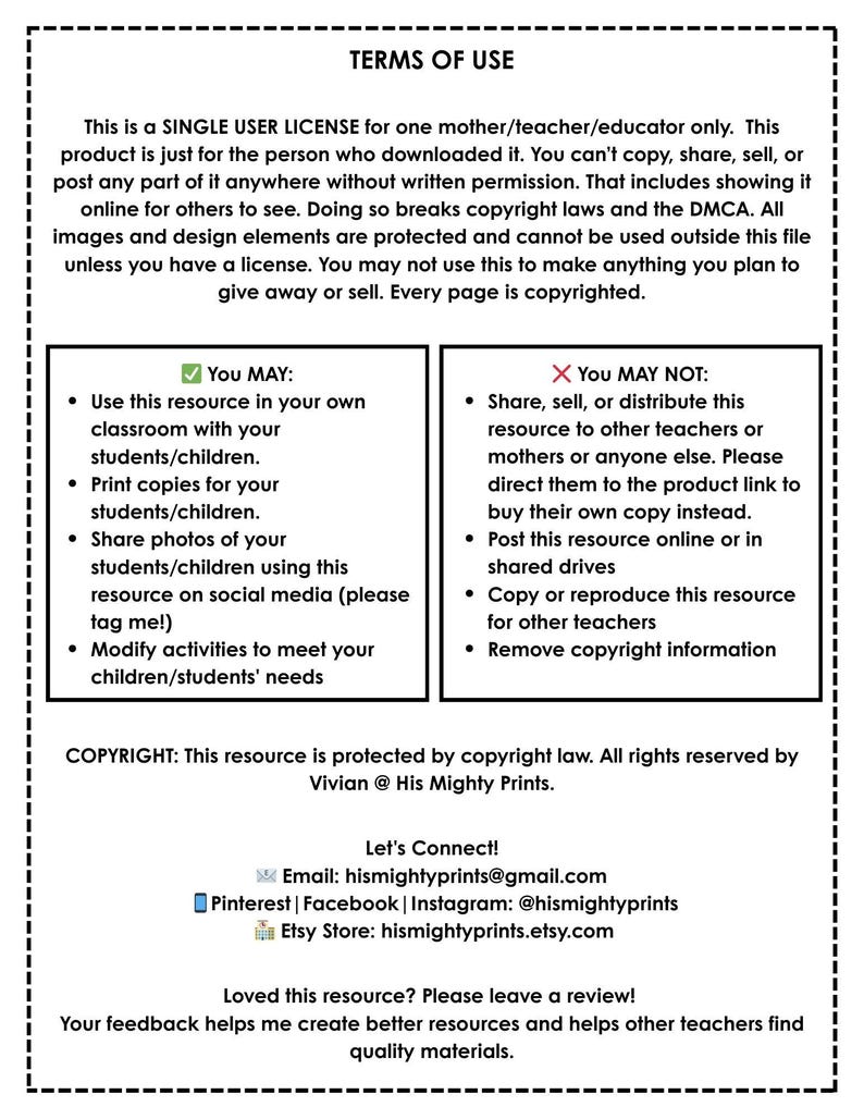 May include: A white document with black text detailing terms of use for a single-user license. The document includes sections on what is and isn't permitted, copyright information, and contact details for the creator, including an Etsy store link.