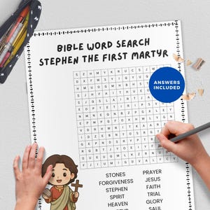 Può includere: Un puzzle di ricerca di parole bibliche intitolato "Stephen the First Martyr" con una griglia di lettere e un elenco di parole da trovare. Le parole includono "Stones", "Forgiveness" e "Jesus". Un cerchio blu indica "Answers Included".