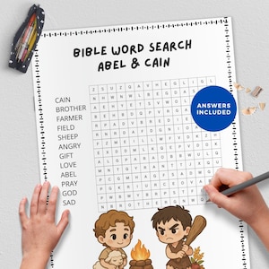 May include: A Bible word search puzzle titled "Abel & Cain" with a grid of letters and related words listed on the left. The image includes cartoon illustrations of Abel and Cain, and the text "Answers Included". A pencil is used to circle words.