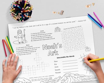 Noah's Ark Activity Placemat, Bible Coloring Worksheet, Sunday School Printable, Homeschool