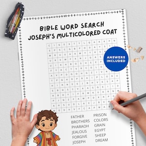 May include: A Bible word search puzzle titled "Joseph's Multicolored Coat" with a cartoon illustration of Joseph. The puzzle includes a word search grid, a list of words, and the text "Answers Included."