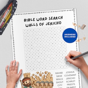 May include: A Bible word search puzzle titled "Walls of Jericho" with a grid of letters. The puzzle includes the text "Answers Included" in a blue circle. A hand is holding a pencil, and there are illustrations of a man and soldiers.
