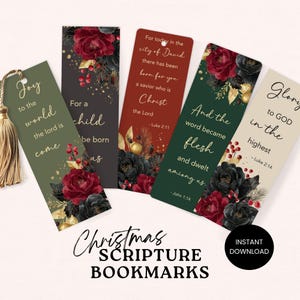 May include: A selection of Christmas scripture bookmarks with floral designs. Each bookmark displays a different Bible verse in elegant script, with accents of red and black roses, gold leaves, and berries. The text "Christmas Scripture Bookmarks" is displayed at the bottom.