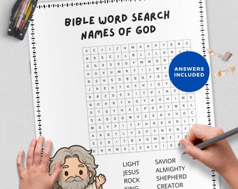 Hoja de actividades sobre los nombres de Dios, sopa de letras bíblica, juego cristiano imprimible, PDF de Gameschooling, lección de escuela dominical, recurso para la educación en el hogar.