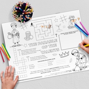 May include: A black and white coloring page titled "The Parable of the Talents" with illustrations and activities. Includes a maze, crossword, and space to draw. Colored pencils are scattered around the page.