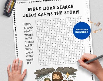 Jesús calma la tormenta, sopa de letras bíblica, juego cristiano, PDF de Gameschooling, lección de escuela dominical, recurso para la educación en el hogar, hoja de actividades