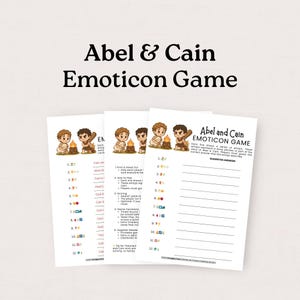 May include: Three printed sheets for the "Abel & Cain Emoticon Game" with cartoon cavemen illustrations. The game sheets feature emoji-based puzzles and instructions. The title "Abel & Cain Emoticon Game" is displayed in large text.