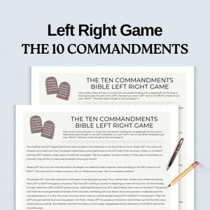May include: Two printed pages with the text "THE TEN COMMANDMENTS BIBLE LEFT RIGHT GAME" and instructions. The game involves passing a gift left or right. The top of the image has the text "Left Right Game THE 10 COMMANDMENTS".