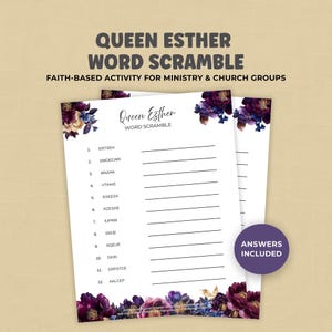 Könnte beinhalten: Zwei weiße Papierbögen mit floralem Design und dem Text "Queen Esther Word Scramble". Die Bögen haben eine Liste von durcheinander gewürfelten Wörtern und den Text "Answers Included". Eine glaubensbasierte Aktivität für Gemeindegruppen.