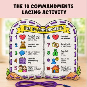 May include: A lacing activity featuring the Ten Commandments. The design includes two connected tablets with illustrations and corresponding text for each commandment. The tablets are outlined with purple stitching and a purple lace is at the bottom.