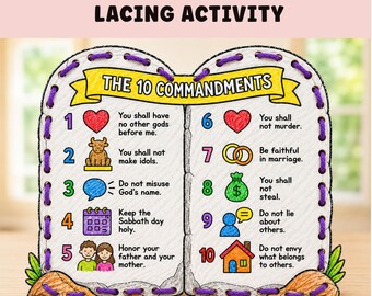 10 Commandments Lacing Craft, Printable Bible Activity for Kids, Sunday School Moses Lesson, Christian Homeschool VBS Craft, Old Testament