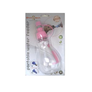 May include: A clear, portable water feeder with a pink cap and a pink handle. The feeder is BPA-free and has a patented design. The packaging includes the text "Choco Nose" and "portable water feeder."