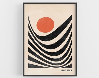 Abstract Sunset Beach Print, Boho Coastal Wall Art
