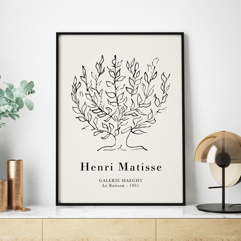 Puede incluir: Impresi&oacute;n de arte en blanco y negro de un &aacute;rbol con el texto "Henri Matisse" y "GALERIE MAECHT Le Buisson - 1951" debajo de la imagen.