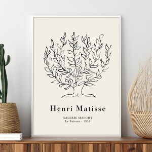 Puede incluir: Impresi&oacute;n de arte en l&iacute;nea negra y blanca de un &aacute;rbol con el texto "Henri Matisse" y "GALERIE MAECHT Le Buisson - 1951" debajo.