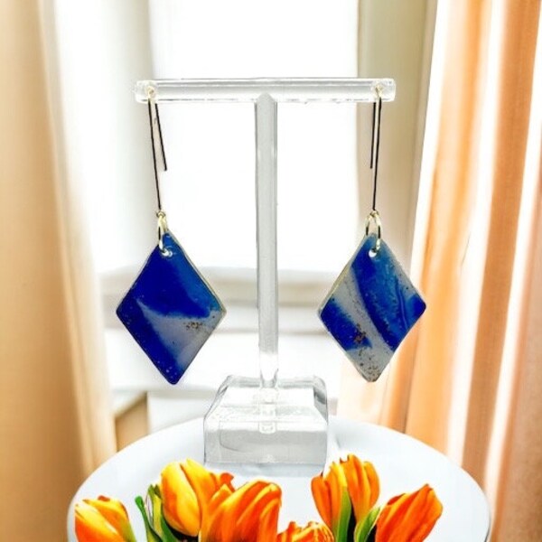 Azure Skies: Blue and White Diamond Shaped Polymer Clay & Gold Dangle Earrings