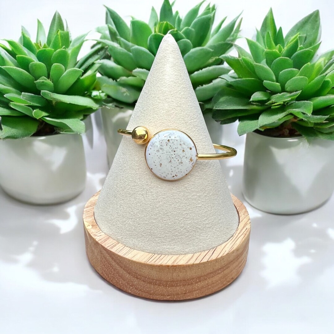 Bangle Cuff With White Stone Handmade With Polymer Clay, Gold Bangle ...